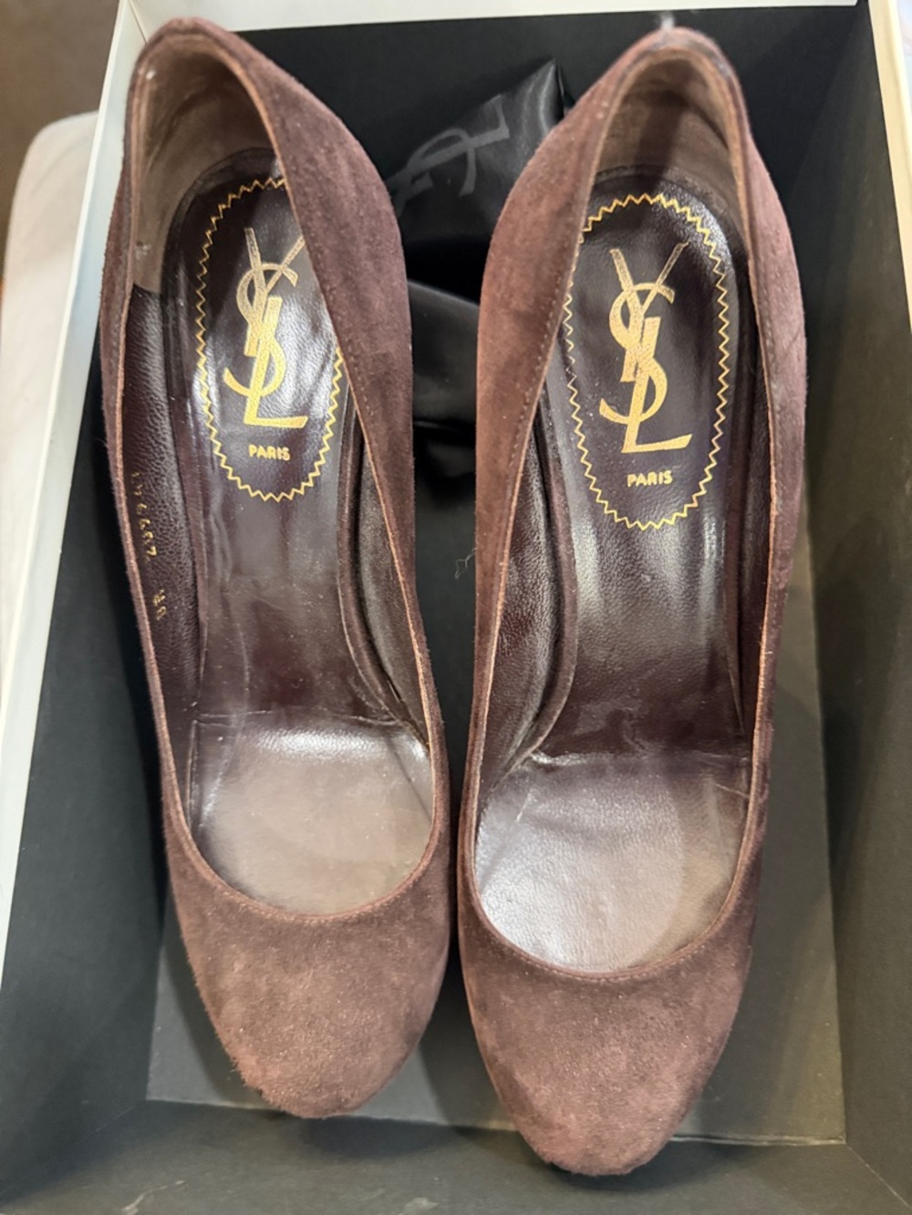Yves Saint Laurent Tribtoo 80 Pump Brown Suede Platform Heels Size 37.5 - Picture 2 of 7